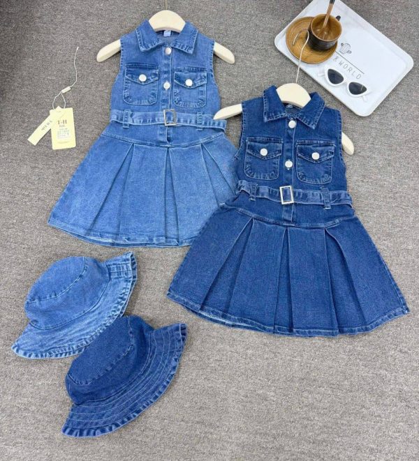 Trendy Jean Gown with Hat for Girls (Ages 3–7 Years)
